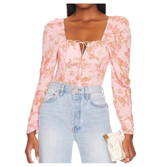NWT $98 Free People Hilary Printed Top Size Large Pink Combo Smocked Blouse Top - Picture 5 of 13